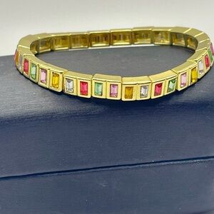 Multicolor Rainbow Baguette Crystal Gemstone Gold Tone Stretch Bracelet 6.5 inch